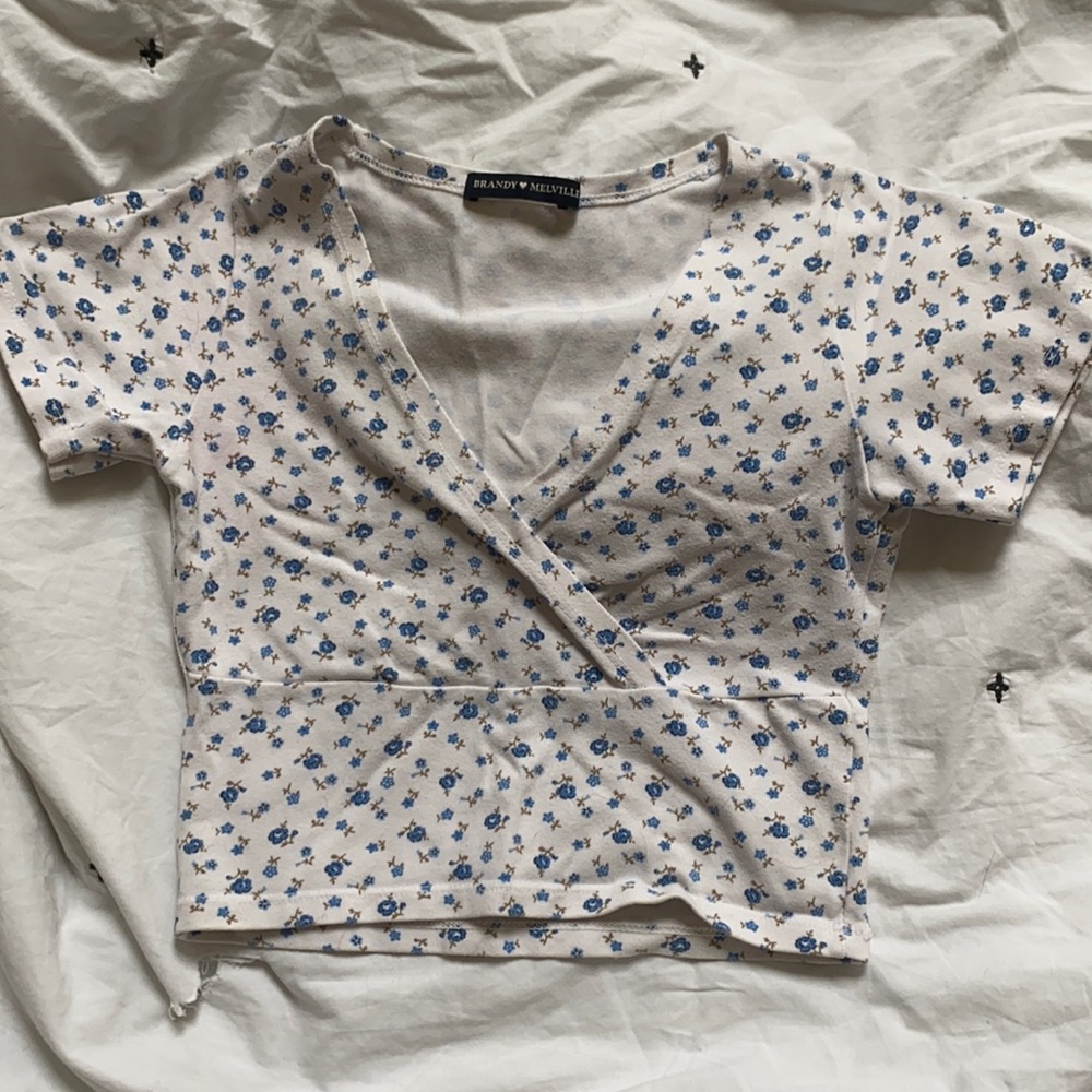 Brandy Melville Blue Flower V-Neck